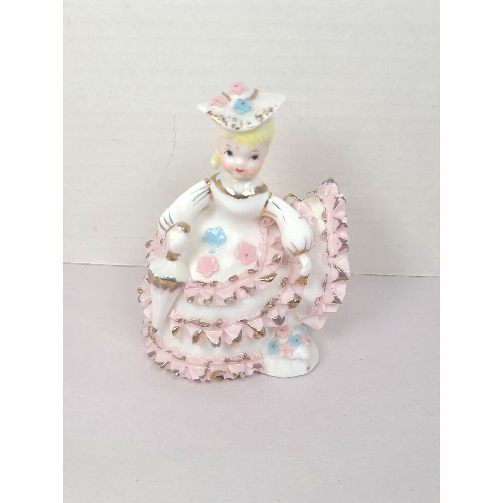 VTG Girl with Parasol Gold trim spaghetti Skirt  Japan figurine 4”x4”